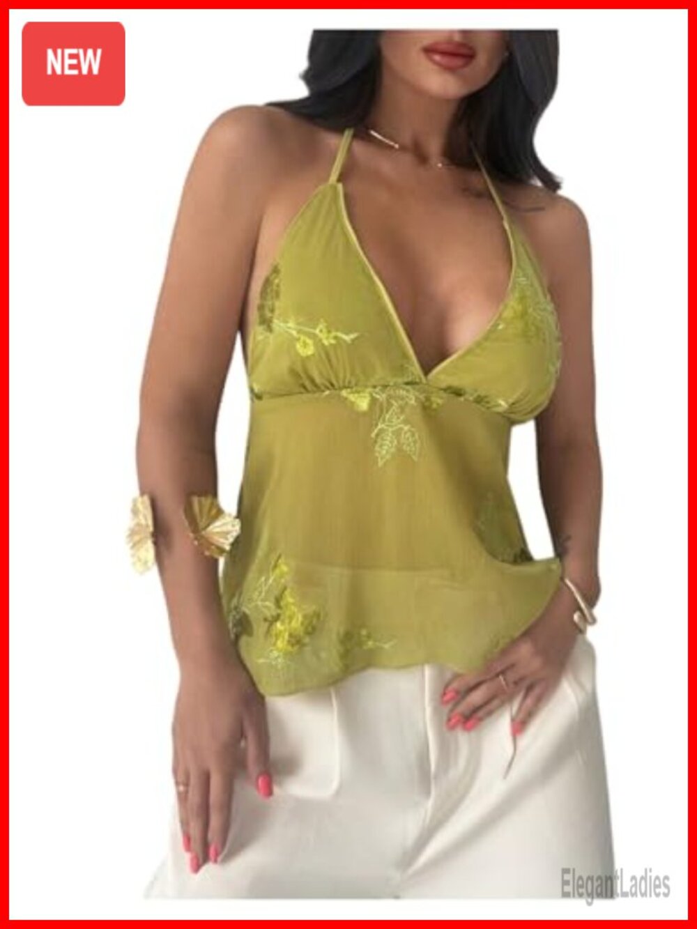 Women's Floral Sequin Halter Neck Sheer Chiffon Tank Top